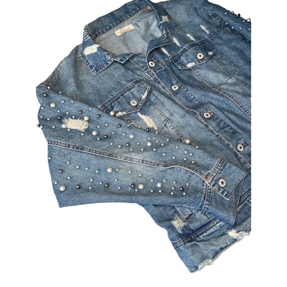 Elan Distressed Blue Denim Jacket with Pearl Embellishments - Picture 9 of 14